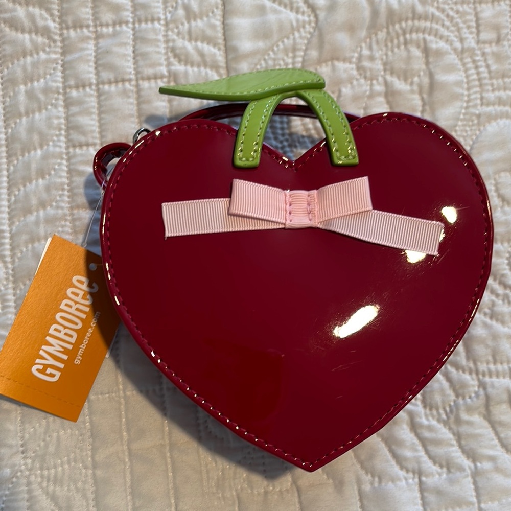 Cherry Red Heart Purse with Pink Bow and Lime Green Leaf Stem